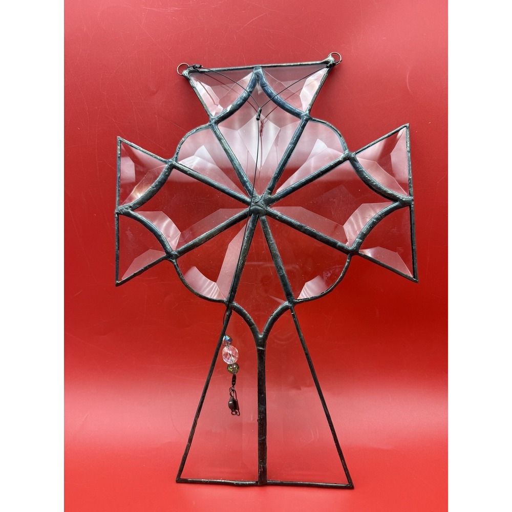 Vintage Large Stained Glass White Sun Catcher Cross 10.75"x 8"
